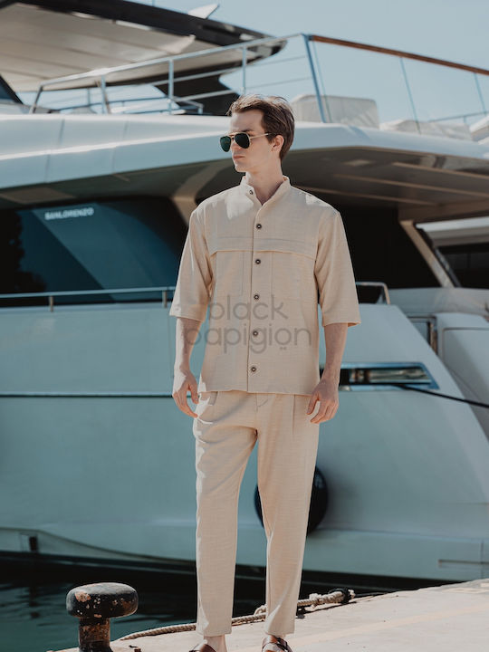 Long Sleeve Overshirt In Wide Line Beige