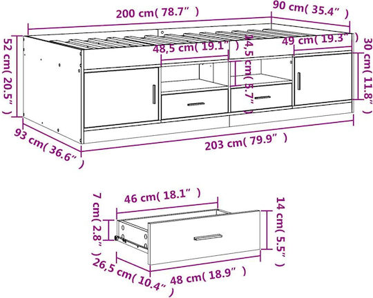Sofa Bett Einzelbett Holz White mit Latten für Matratze 90x200cm