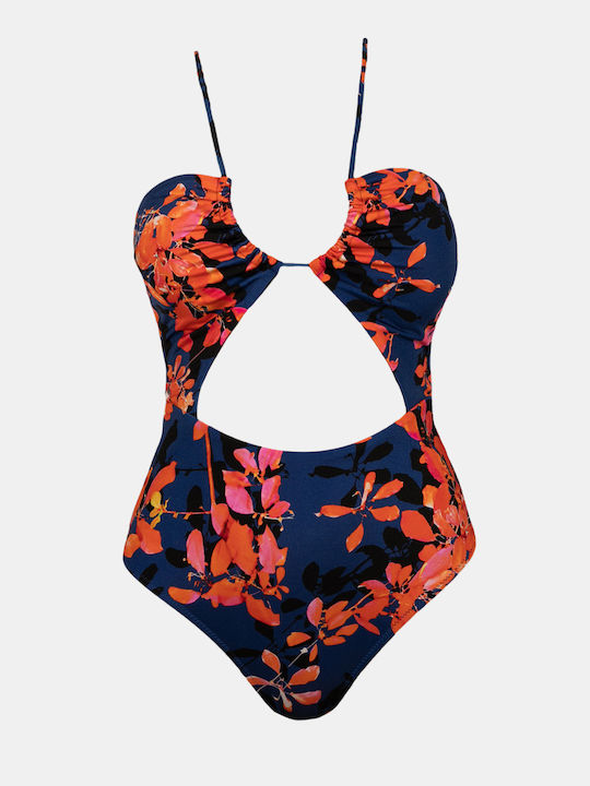 Badeanzug mit Blumenmuster in Marineblau