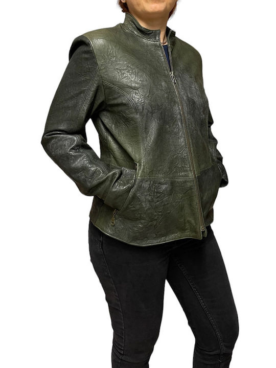 MARKOS LEATHER Women's Short Lifestyle Leather Jacket for Winter Oil Green