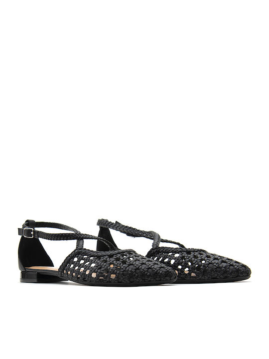 Leather Women's Flat Sandals in Black Color