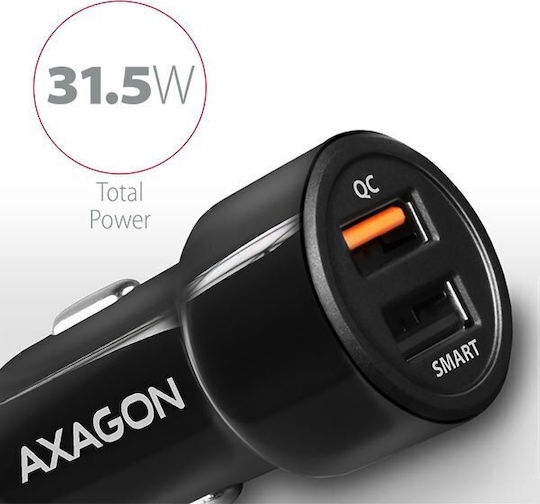 Axagon Auto-Ladegerät 30W Schnellladung mit Anschlüssen: 2xUSB Schwarz Farbe