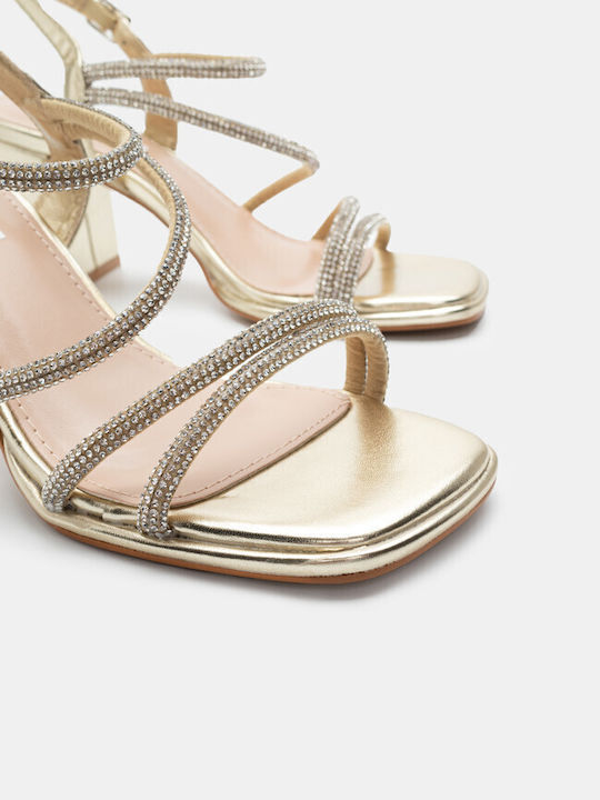 Luigi Synthetic Leather Women's Sandals with Strass & Ankle Strap Gold with Chunky High Heel