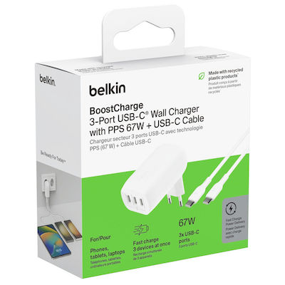 Belkin Φορτιστής με 3 Θύρες USB-C και Καλώδιο USB-C - USB-C 67W Power Delivery Λευκός (BoostCharge)