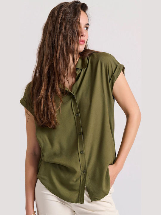 Kurzärmelig Damen Hemd Khaki Monochrom