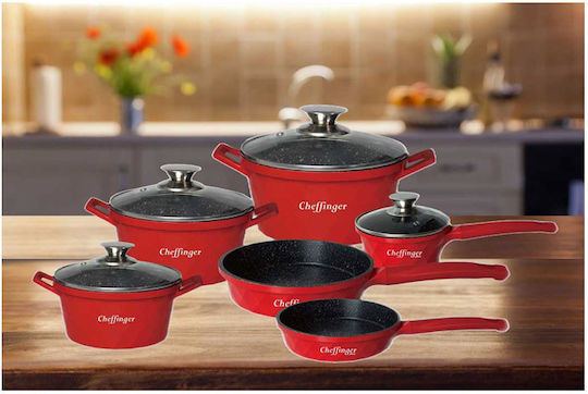 Cheffinger Cookware Set Made of Aluminum Red with Non-stick Coating 6 Pieces