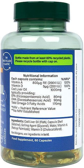 Holland & Barrett High Strength Pure Cod Liver Oil Cod Liver Oil 1000mg 60 caps