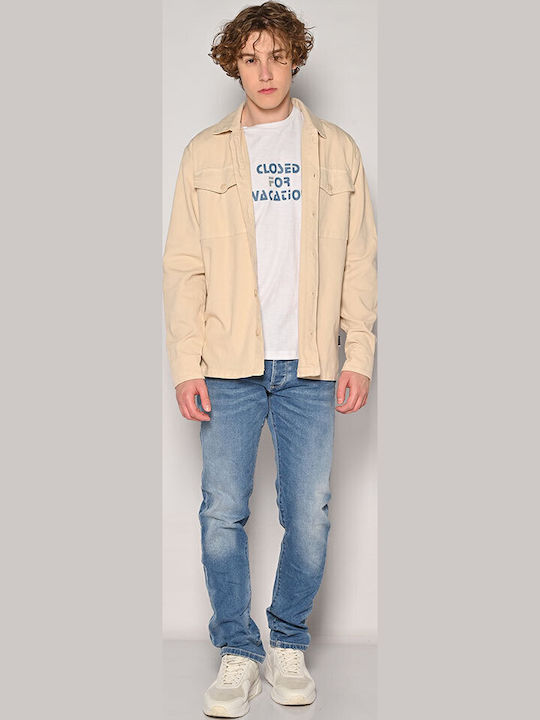 Μακρυμάνικo Λινό Overshirt σε Κανονική Γραμμή Μπεζ