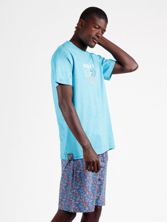 Admas Men's Summer Cotton Pajamas Set Light Blue