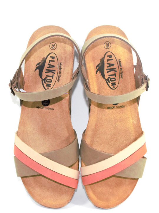 Γυναικεία Ανατομικά Δερμάτινα Σανδάλια Plakton Khaki Rose Nude
