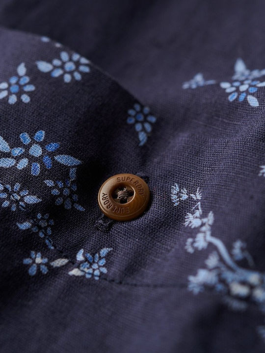 Ovin Short-sleeved Linen Shirt Floral Blue