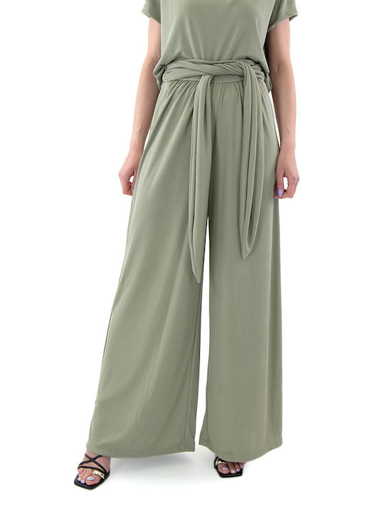 MY T Damen Hochgeschnittene Stoff Hose in Gerader Linie Khaki