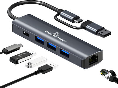 Powertech USB 3.2 4 Port Hub with USB-A / USB-C / Ethernet Connection Gray