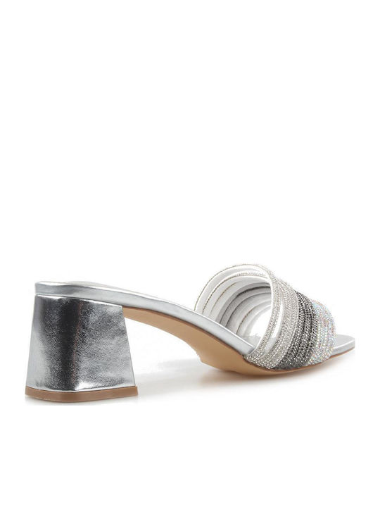 Mules with Chunky Low Heel in Silver Color