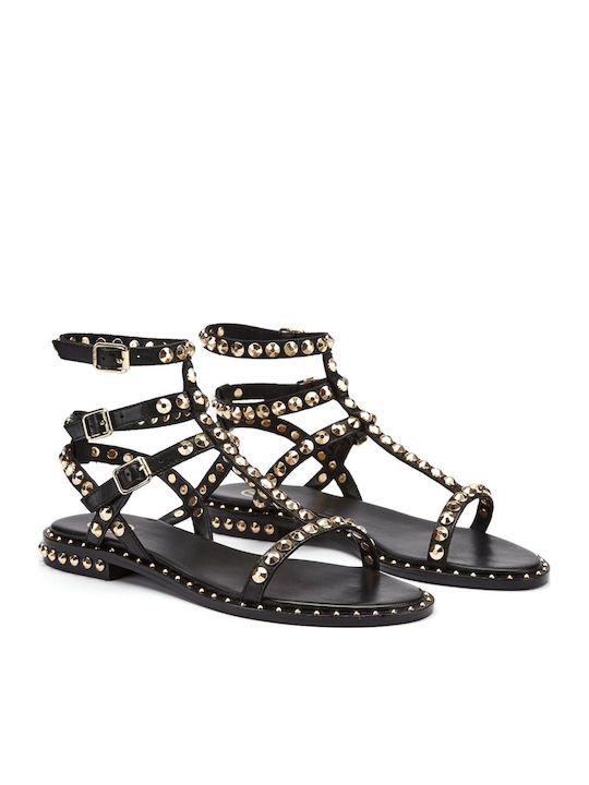 Combo' Leder Flache Sandalen für Damen Gladiator in Schwarz Farbe