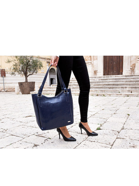Δερμάτινη Γυναικεία Shopper Τσάντα Navy Μπλε