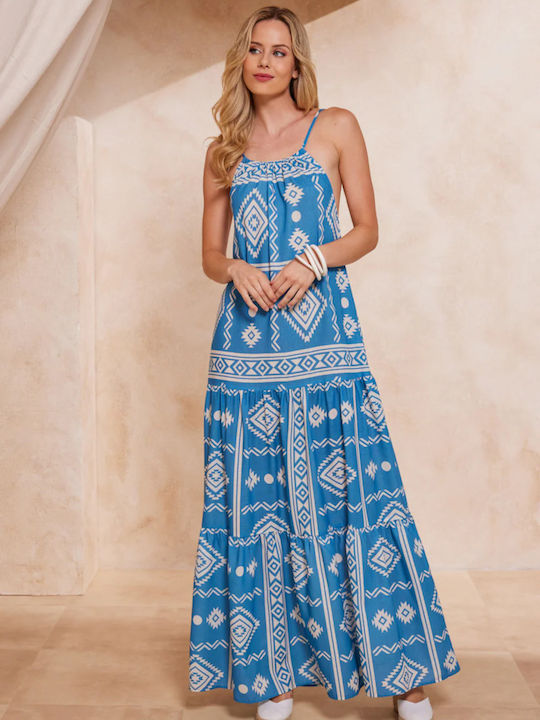 Enzzo Maxi Φόρεμα με Βολάν Μπλε