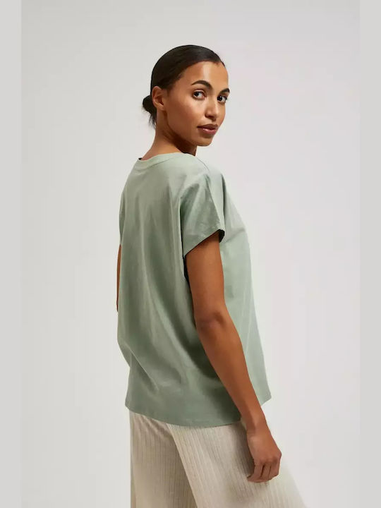 Moodo Women's Blouse Cotton Short Sleeve with V Neckline Olive