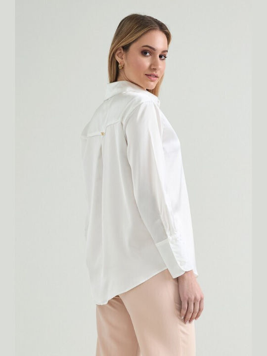 Cento Fashion Women's Satin Long Sleeve Shirt White