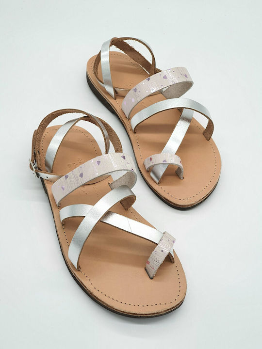 Kypraiosleather Leather Women's Flat Sandals in Silver Color