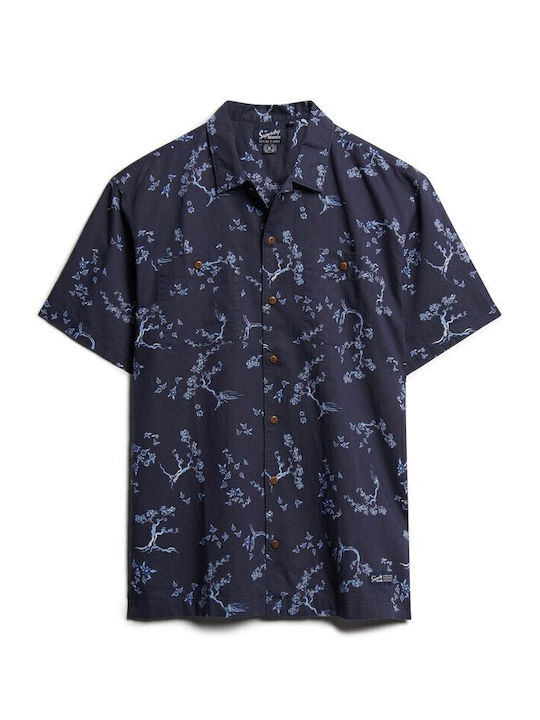 Ovin Short-sleeved Linen Shirt Floral Blue