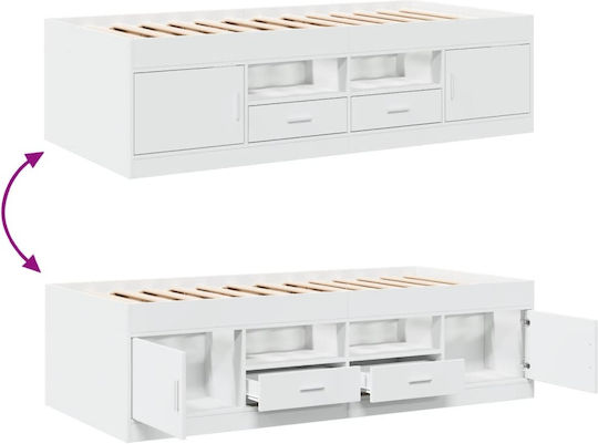 Single Wooden White Sofa Bed with Slats for 75x190cm Mattress