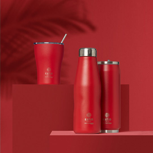 Estia Travel Cup Save the Aegean Recycelbar Glas Thermosflasche Rostfreier Stahl / Kunststoff BPA Frei 500ml Scarlet Red mit Stroh