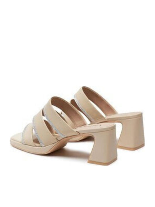 Leather Mules with Heel in Ecru Color