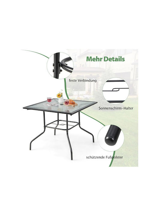 Outdoor Dinner Free Standing Table with Glass Surface and Metal Frame Metallic 89x89x72cm