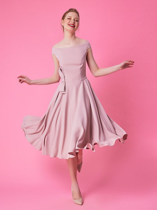 Forel Midi Dress for Wedding / Baptism Off-Shoulder Pink