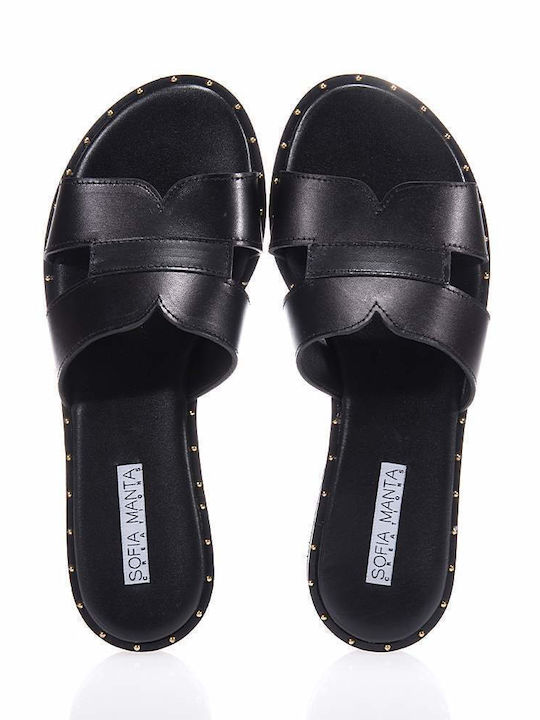 Leather Women's Flat Sandals in Black Color