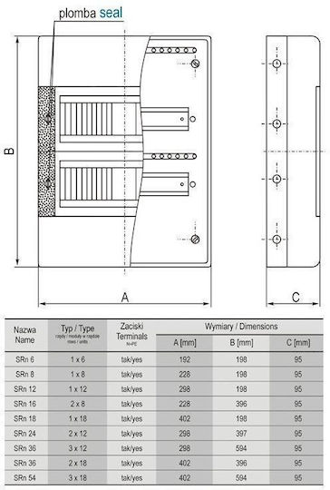 Elektro Plast Wall mounted 6-Elements Fuse Box with 1 Row W192xH198xD95mm