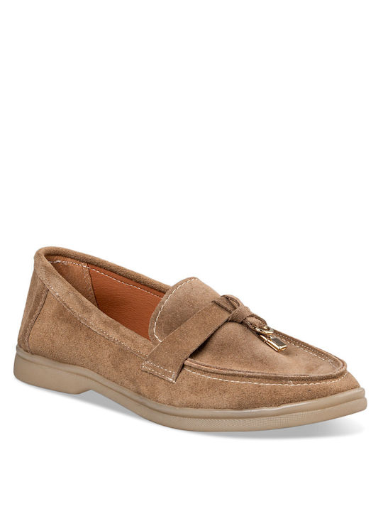 Envie Shoes Leather Women's Loafers in Beige Color