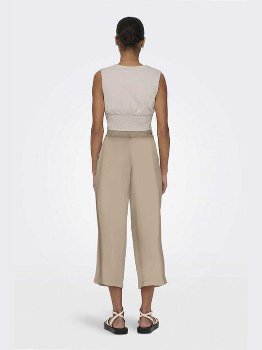 Only Women's High-waisted Linen Capri Trousers in Regular Fit Brown/beige