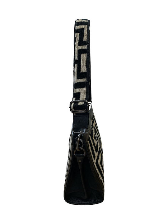 Erofili Δερμάτινη Γυναικεία Τσάντα Χιαστί Beige Black Chenille Labyrinth