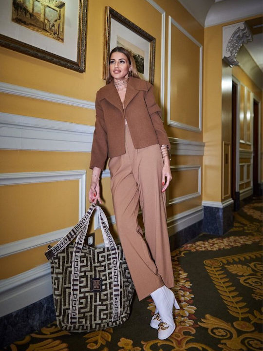 Efterpe I Δερμάτινη Γυναικεία Τσάντα Shopper Ώμου Dark Brown Beige Chenille Labyrinth