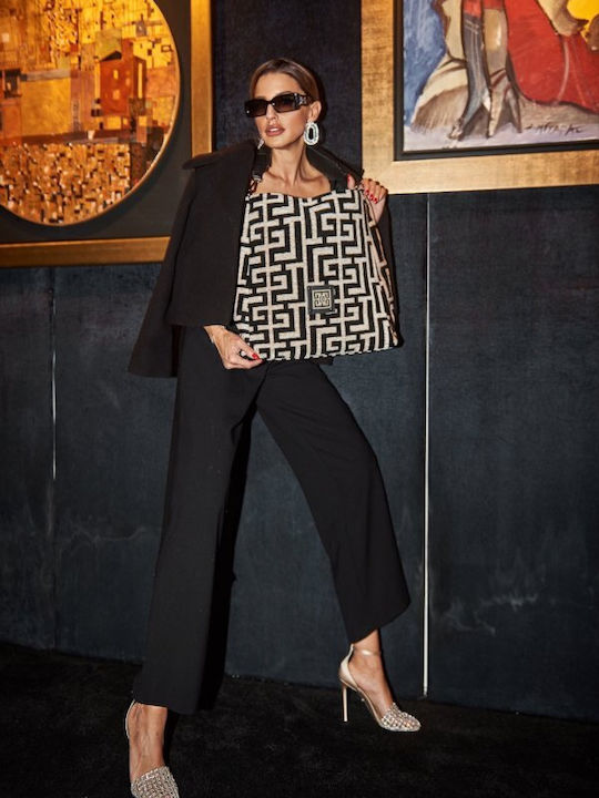Iokasti Δερμάτινη Γυναικεία Τσάντα Ώμου Black Beige Chenille Labyrinth