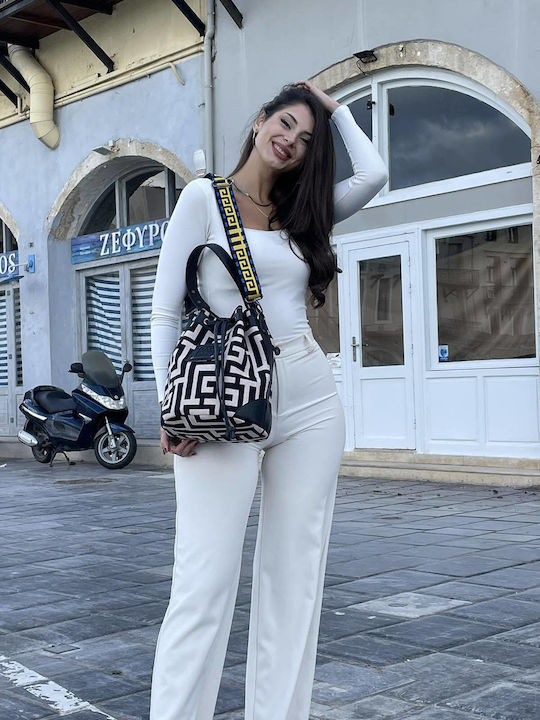 Themis Δερμάτινο Γυναικείο Πουγκί Ώμου Beige Black Labyrinth