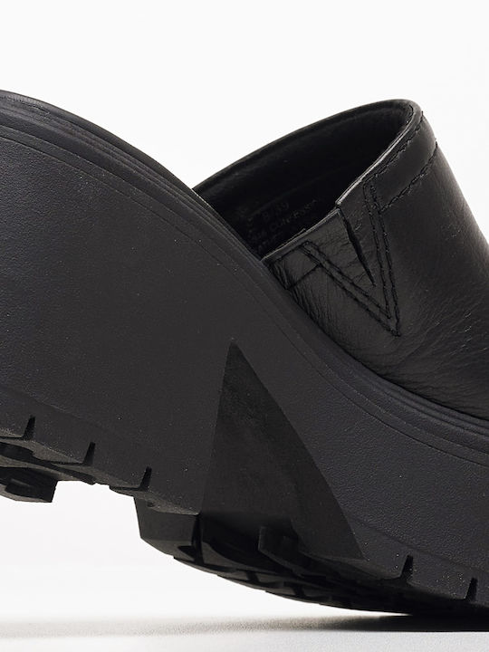 Confessions Leather Mules With Chunky Low Heel In Black Colour