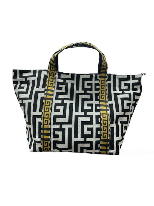 Efterpe I Δερμάτινη Γυναικεία Τσάντα Shopper Ώμου Silver (Lurex) Black Labyrinth