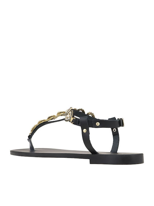 Leather Women's Flat Sandals in Black Color