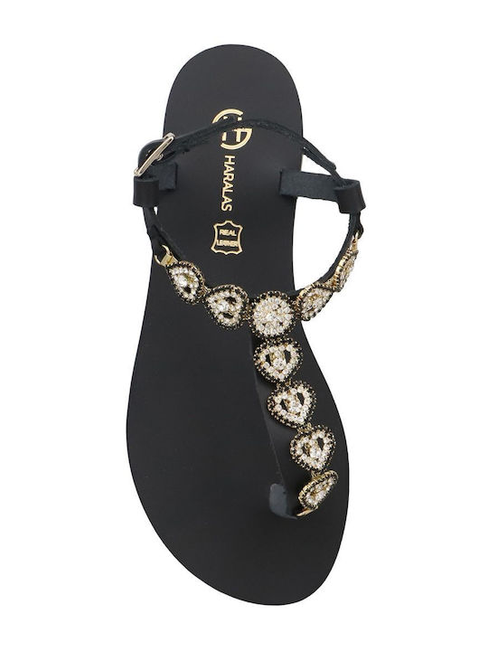 Leather Women's Flat Sandals in Black Color