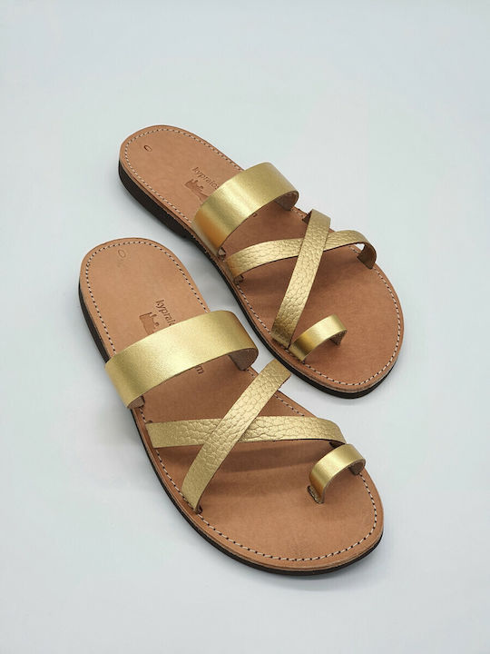 Kypraiosleather Leather Women's Flat Sandals in Gold Color