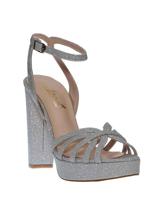 Malena Platform Leather Women's Sandals with Ankle Strap Silver with Chunky High Heel