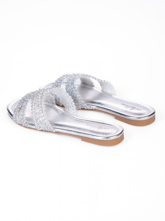 Flat Backless Sandals Knitted Design Silver