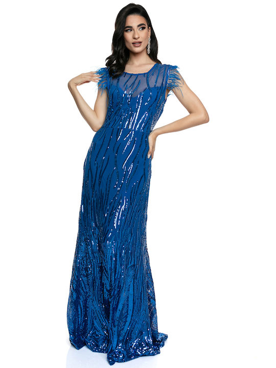 Luxuriöses Kleid Glänzende Pailletten Spitze Elegante Federn an den Ärmeln