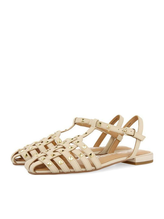 Leather Women's Flat Sandals Beige
