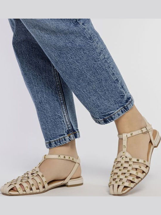 Leather Women's Flat Sandals Beige