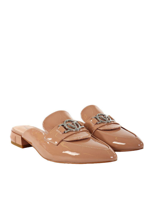 Flat Mules from Patent Leather in Beige Color