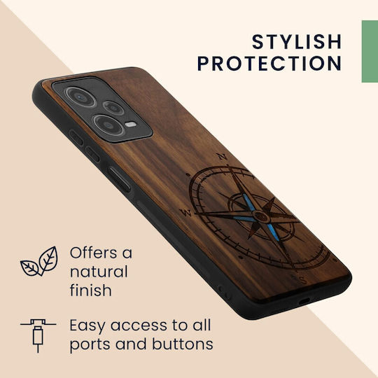 KWmobile Navigational Compass Umschlag Rückseite Hölzern Mother of Pearl - Dark Brown (Redmi Note 12 Pro / Poco X5 Pro)